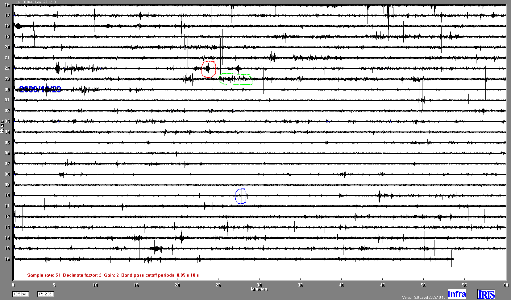 24 hour infrasound display containing helicopter infrasound on INFRA20 monitor